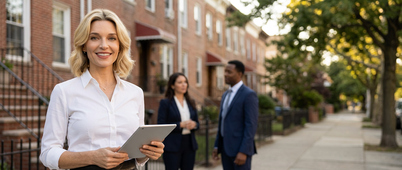 Realtor in front of a home for sale ready to save a difficult deal